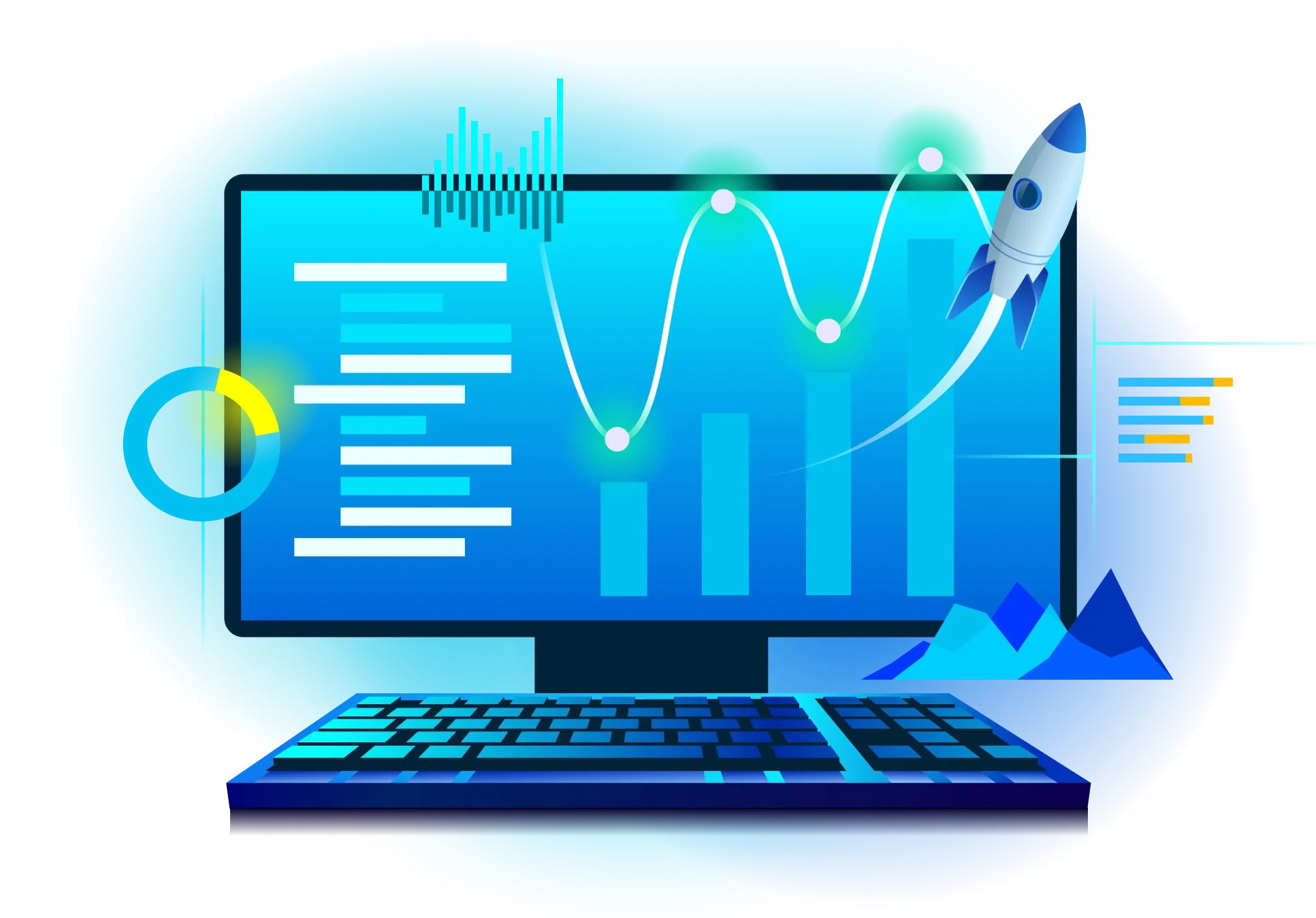 monitor with charts and rocket