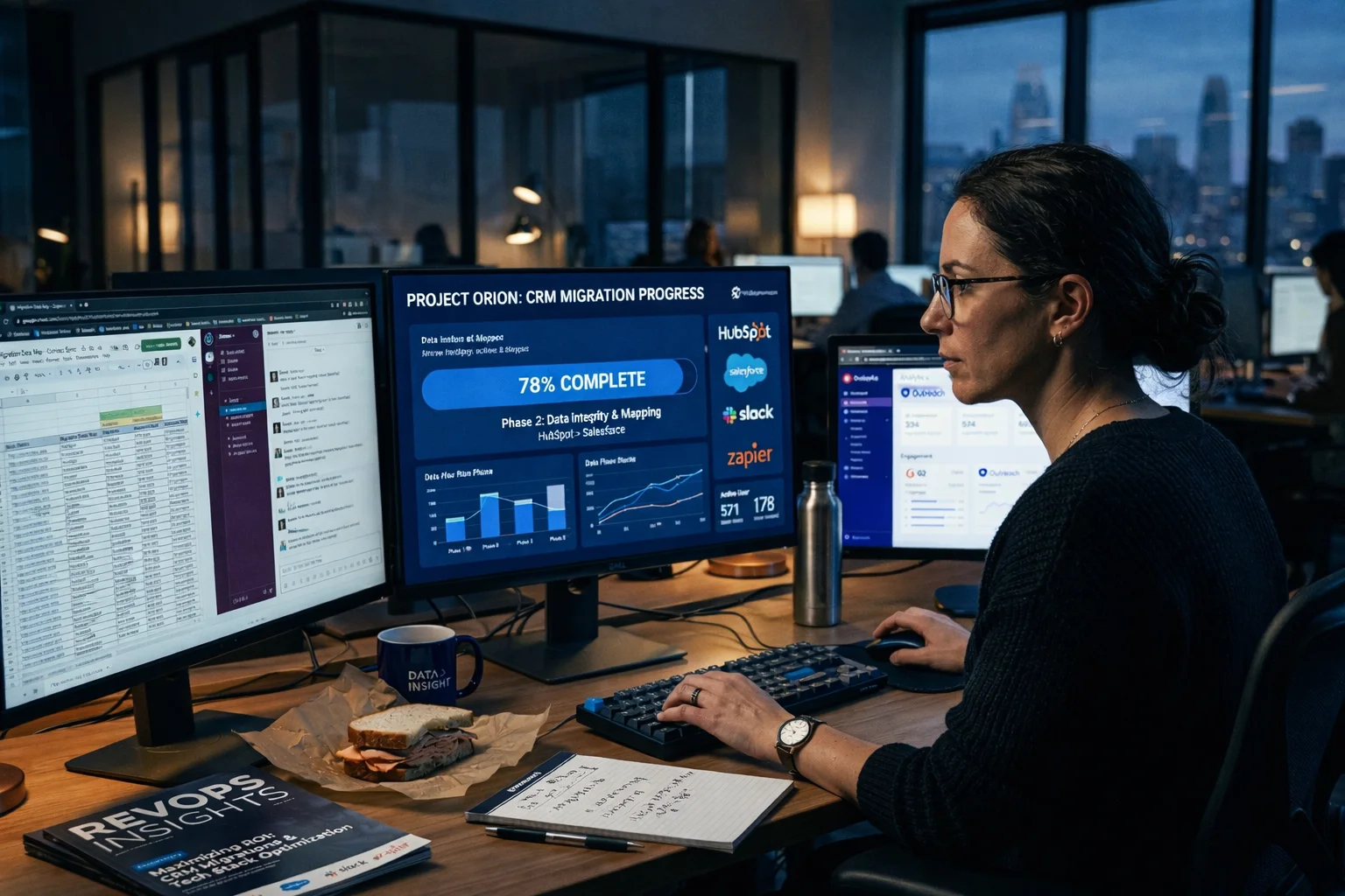 A professional woman with glasses and her hair in a bun works late at night in a modern office with a city skyline visible through the window. She is focused on three computer monitors; the central screen displays a dashboard titled "PROJECT ORION: CRM MIGRATION PROGRESS" showing a 78% complete status bar, along with logos for HubSpot, Salesforce, Slack, and Zapier.