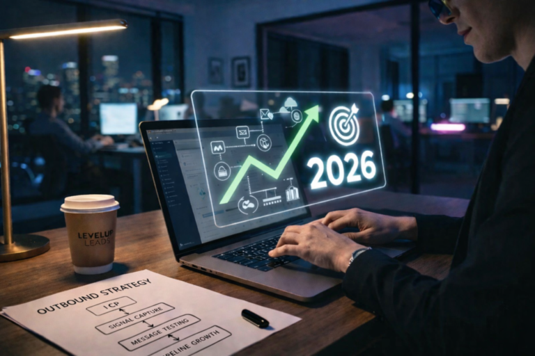 A marketing professional at LevelUp Leads working on a laptop, analyzing a 2026 B2B outbound strategy. A digital overlay shows a green growth trend line, a target icon, and marketing automation symbols. A LevelUp Leads branded coffee cup and a hand-drawn outbound strategy flowchart sit on the desk.