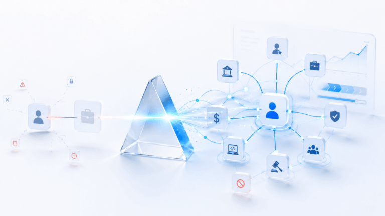 Single buyer contact transforming through a prism into a connected stakeholder network for complex B2B sales.