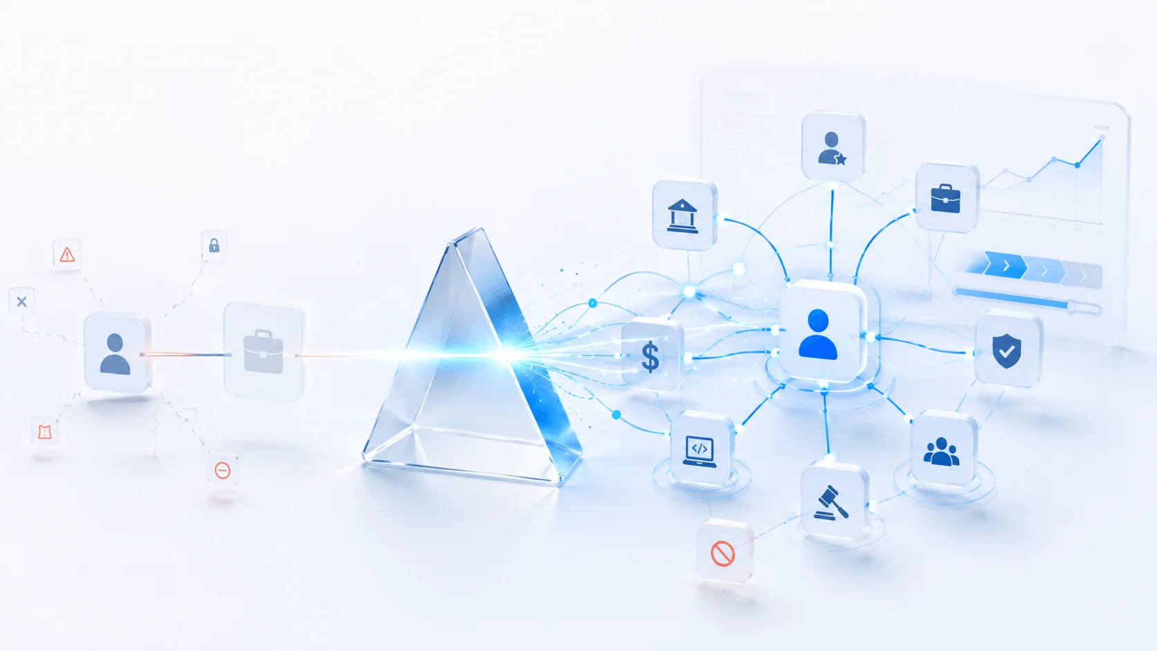 Single buyer contact transforming through a prism into a connected stakeholder network for complex B2B sales.