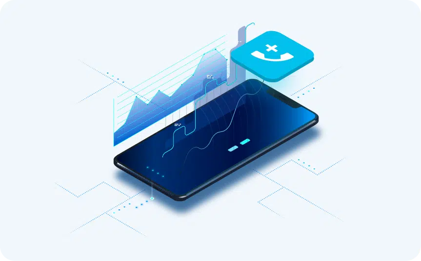 Illustration of a smartphone displaying charts and analytics data