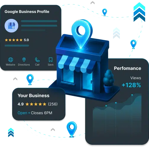 Local business location optimization with map pins and Google Business Profile visibility