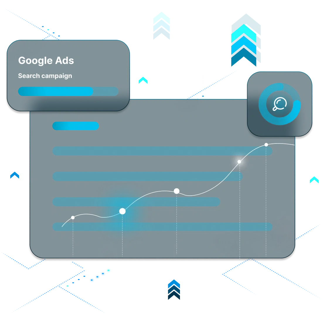 Illustration of a Google Ads search campaign performance dashboard with analytics charts, progress indicators, and a rising trend line representing campaign growth and optimization.