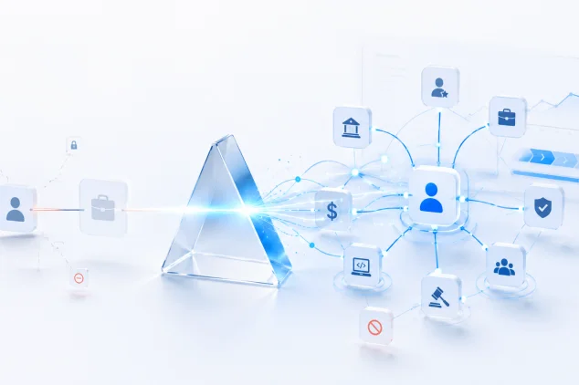 Single buyer contact transforming through a prism into a connected stakeholder network for complex B2B sales.