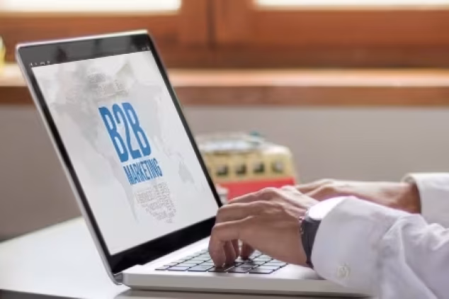 Using a laptop to do SEO for B2B companies.